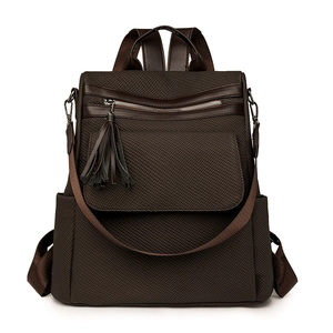 Vintage dark brown fringe backpack for women with woven texture and large capacity