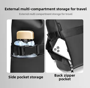 Detail of waterproof backpack showing side umbrella pocket and rear anti-theft zipper pocket