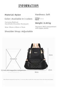 Größentabelle für schwarzen Nylon-Rucksack mit Maßen 35x30x15cm und A4-Magazinvergleich