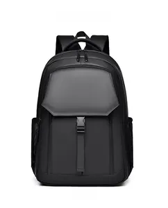 Front view of black minimalist business backpack with matte waterproof fabric and buckle