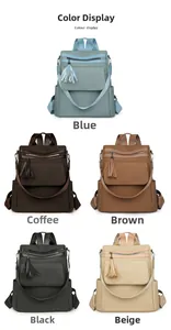 Color options of vintage leather fringe backpacks in blue, brown, black, and beige tones