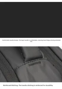 Detail of reinforced stitching on the ergonomic handle of this 19-inch black laptop backpack