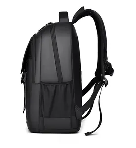 Side view of black business backpack showing mesh water bottle pocket and padded straps