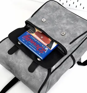Detail of grey PU backpack front pocket with dual magnetic buckles and storage capacity