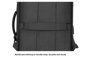 Detail of 19-inch laptop backpack featuring a luggage strap and breathable 3D mesh padding
