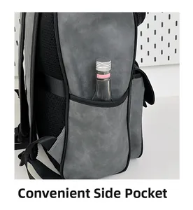 Close-up of the side pocket on a grey PU backpack holding a silver water bottle