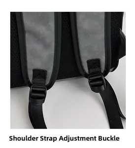 Detail of adjustable shoulder strap buckles and breathable mesh back on the PU backpack