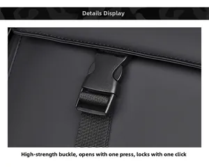 Detail of high-quality plastic buckle and nylon strap on black minimalist backpack
