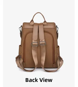 Back view of brown retro backpack featuring adjustable straps and anti-theft zipper pocket