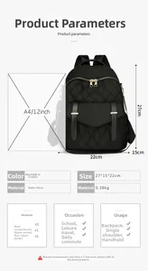 Guide des tailles du sac à dos en nylon noir matelassé avec dimensions et capacité interne
