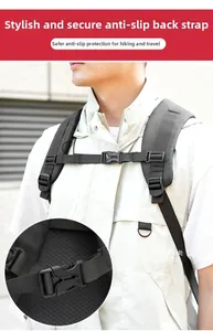 Close-up of adjustable chest strap with safety buckle and reflective strip on backpack