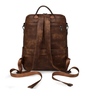 Vintage dark brown faux leather backpack with adjustable straps and rear zipper pocket