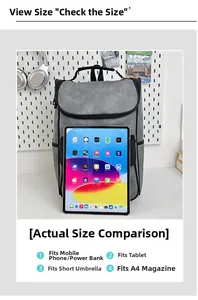 Detailed view of gray PU backpack capacity showing fits for tablet, umbrella and A4 magazine