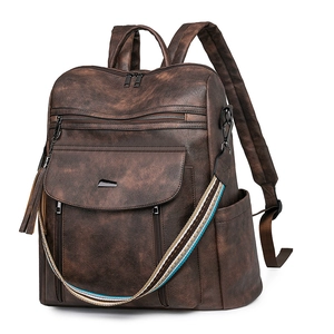 Large vintage brown PU leather women's backpack with colorful bohemian strap and multi-pockets