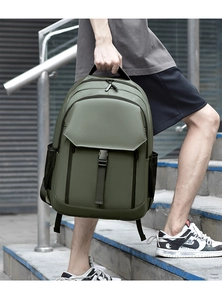 Olive green business backpack with waterproof matte finish and side mesh pocket detail