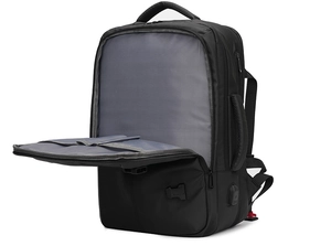 Detail view of large 19-inch travel backpack with 180-degree opening and USB charging port