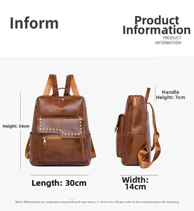 Detailed size chart of a dark brown pebble leather backpack with gold rivet accents