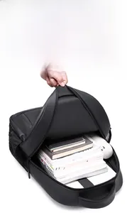 Detail view of large capacity main compartment with multi-layer dividers for business backpack