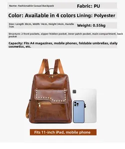 Size comparison of brown PU leather backpack with iPad, mobile phone and A4 magazine
