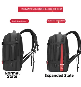 Side view showing 5cm expansion detail of black 19-inch laptop backpack with USB port