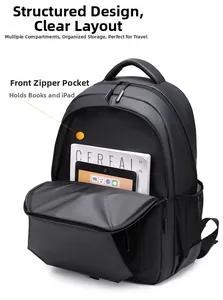 Detailed view of the front large-capacity zipper pocket on this black business backpack