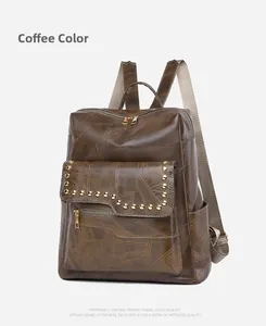 Detail view of coffee PU leather backpack with rivet pocket and adjustable textile straps