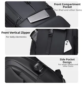 Close-up of black business backpack showing front tablet compartment and side pocket
