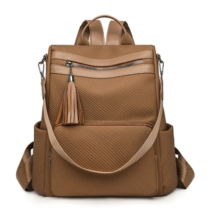Women's Fashion Casual Backpack PU Leather Textured Fabric Large Capacity Anti-theft Bag Tassel School Travel Bag