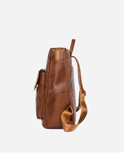 Side view of brown PU leather backpack featuring geometric patterns and metal zippers