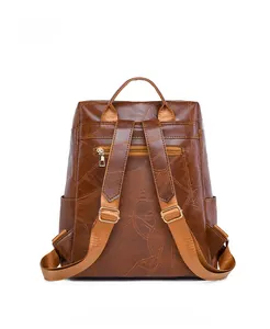 Rear view of brown PU leather backpack featuring leaf embossed texture and hidden zipper pocket