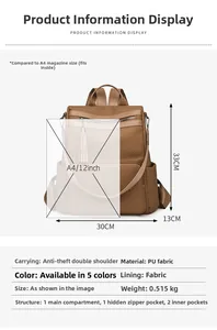 Detailed dimensions of brown PU leather backpack with internal pocket structure diagram
