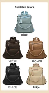 Detailed color selection showing blue, coffee, brown, black and beige backpacks