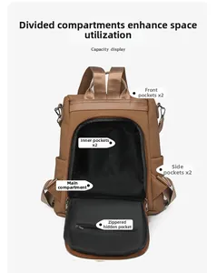 Detailed interior view of a vintage faux leather backpack showing multiple compartments