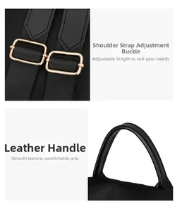 Détails des bretelles réglables avec boucles dorées et poignée en cuir sur sac à dos noir