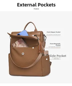 Detail view of multi-pocket brown backpack showing storage for phone and notebook
