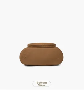 Detailed bottom view of brown textured backpack showing quality weave and oval base