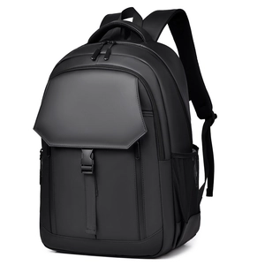 Minimalist large capacity black business backpack with waterproof fabric shown from a side view