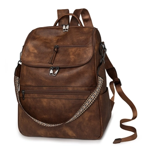 Vintage Backpack PU Leather Multi-Pocket College Student Daypack Ethnic Style Strap Laptop Compartment Casual Travel