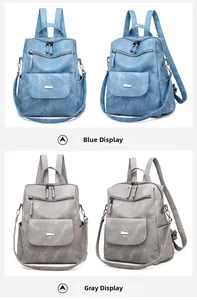 Detail view of vintage PU leather backpacks in blue and grey showing texture and pockets