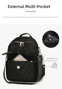 Détail du sac à dos matelassé noir avec poches extérieures et fermetures éclair dorées