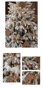 Detail of luxury Christmas tree ornaments with wooden houses, stars, and plush squirrel