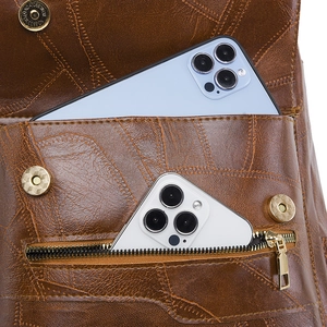 Detail of brown PU leather bag showing interior storage for two smartphones and magnetic clasp