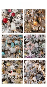 Close-up of festive Christmas tree ornaments including reindeer, stars and snow houses