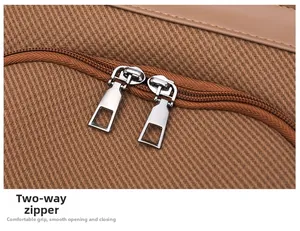 Macro detail of smooth two-way silver zippers on brown corduroy backpack fabric