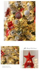 Detail of snowy Christmas tree with red star topper, bows and festive baubles