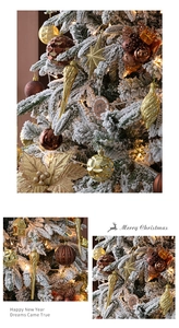 Close-up of champagne gold and bronze Christmas tree ornaments with festive star and ball shapes