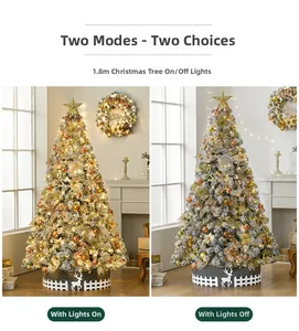Detail of 2.1m flocked Christmas tree with LED lights and gold star topper