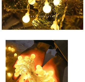 Detail of warm yellow LED globe string lights on a Christmas tree and handheld view