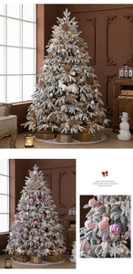 Detail of luxury frosted Christmas tree with pine needles, warm lights and vintage ornaments