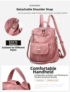Pink multi-functional backpack detail showing detachable strap and four carrying ways